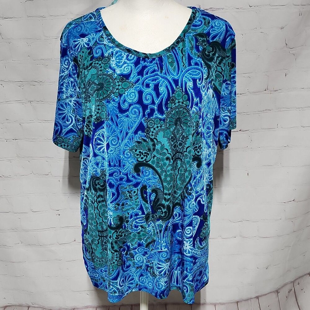 Jaclyn Smith Paisley Medallion Scoop Neck Top Blue Teal XL